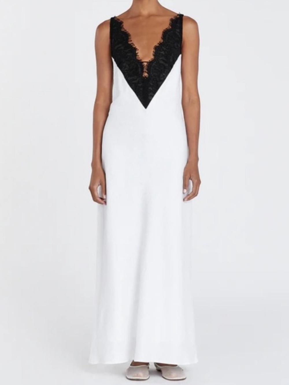 DISSH Hazel white bias cut linen dress with black lace